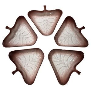 Vintage MCM Valley Vista #702 Calif USA Pottery Bowl Leaf Shaped Brown Set of 5